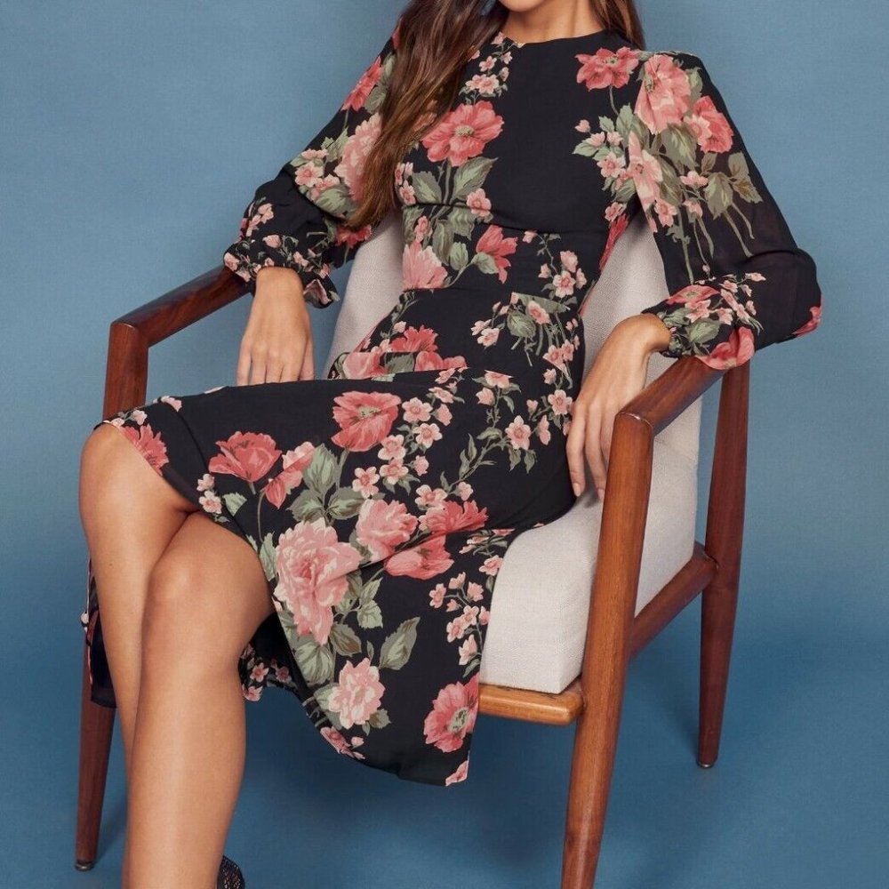 REFORMATION Louise Floral Print Puff Sleeve LUANNE Crepe Midi Dress Size 4